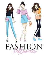 Fashion influencer t-shirt or poster design with stylish girls. Vector illustration.