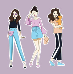 Fashion girls stickers set. Vector illustration.