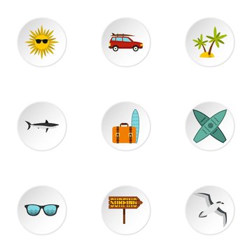 Swimming on surf icons set. Flat illustration of 9 swimming on surf vector icons for web