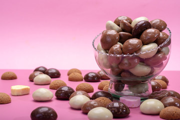 St.Nicholas day in December, children holiday in Netherlands, Belgium, Germany and Curacao, chocolate spicy ginger cookies on pink background copy space