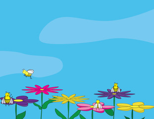 Fototapeta na wymiar Vector spring illustration. Cute bees on colorful flowers
