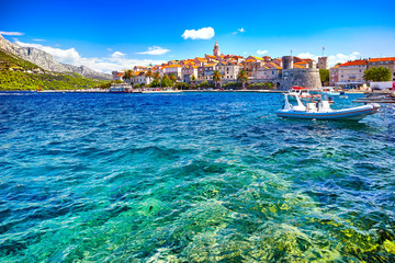 Seafront view at Korcula old town, historic island and travel european destination in Croatia - obrazy, fototapety, plakaty