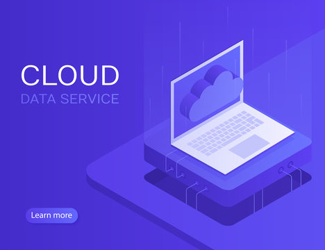 Cloud server banner, laptop with cloud icon. Modern Vector illustration in Isometric style
