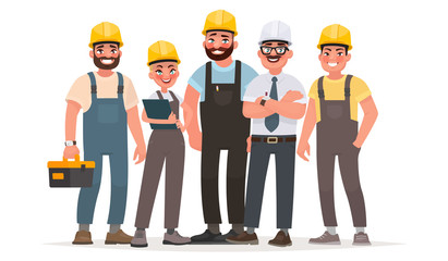 Industrial workers. Team of builders. Engineer, technician and workers of different professions