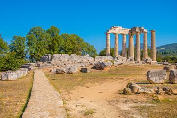 Temple of Zeus at archaeological site of Nemea in Greece. It was built around 330 BC to serve the needs of the Nemian festival and games. It has three architectural styles, doric, ionic and corinthian