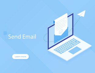 Concept website. E-mail marketing. The concept of an open e-mail with a nested document against the backdrop of a laptop screen and a paper airplane. Modern Flat vector illustration