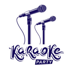 Karaoke party promotion poster design. Rap battle concept, two stage microphones vector illustration.