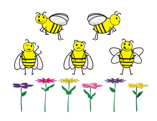 Set of cute cartoon bees and flowers on white background