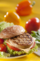 Chicken burger with bell pepper and lettuce with cherry red and yellow tomato on yellow background 