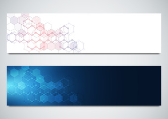 Vector banners for science and digital technology. Geometric abstract background with hexagons design. Molecular structure and chemical compounds.