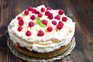 Delicious homemade cake with raspberries