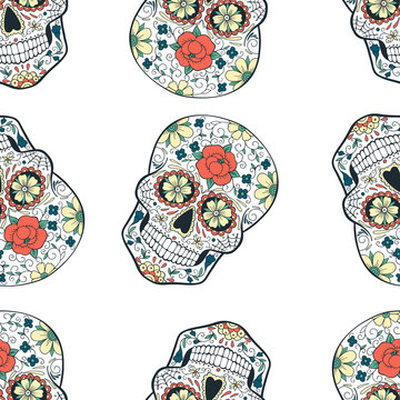 seamless pattern with sugar skull on white