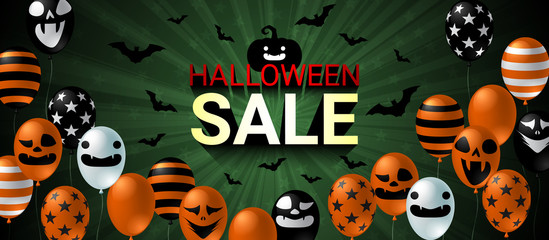 Halloween Sale banner with scary balloon on dark background design. Halloween celebration concept advertising vector illustration.