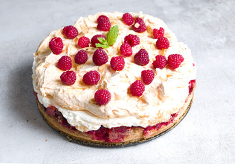 Delicious homemade cake with raspberries