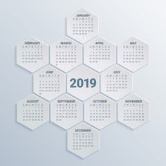 Hexagonal Calendar for 2019 Year on paper background. Week starts from sunday. Modern Creative Vector Design Print Template. Holiday vector illustration. Corporate business layout.