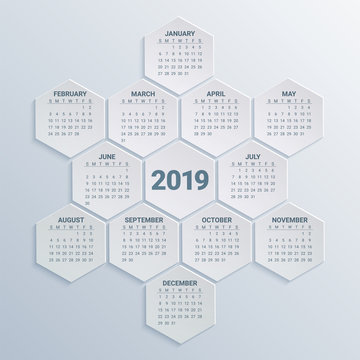 Hexagonal Calendar for 2019 Year on paper background. Week starts from sunday. Modern Creative Vector Design Print Template. Holiday vector illustration. Corporate business layout.