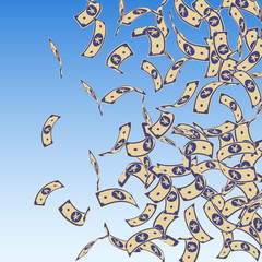 Chinese yuan notes falling. Floating CNY bills on blue sky background. China money. Dramatic vector 