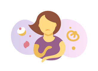 Young woman on a diet with images of unhealthy food floating around her head. Colorful flat vector illustration. Isolated on white background.