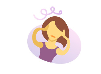 Young lady with a headache. Troubles and worries. Colorful flat vector illustration. Isolated on white background.