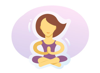 Girl practicing yoga in lotus meditation pose. Colorful flat vector illustration. Isolated on white background.