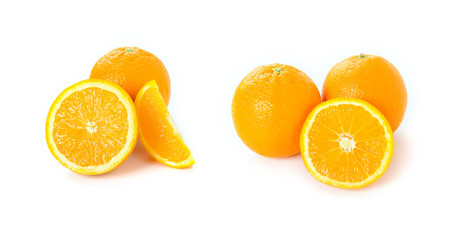 Group citrus fruit isolated on white background. Set of fresh whole, cut and slices orange.