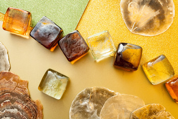seashells and glass cubes on shiny background