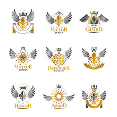 Royal symbols Lily Flowers, floral and crowns, emblems set. Heraldic vector design elements collection. Retro style label, heraldry logo.