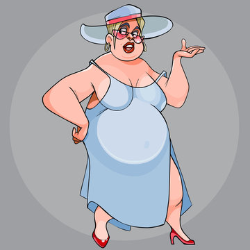 funny fat woman walking in a dress and hat
