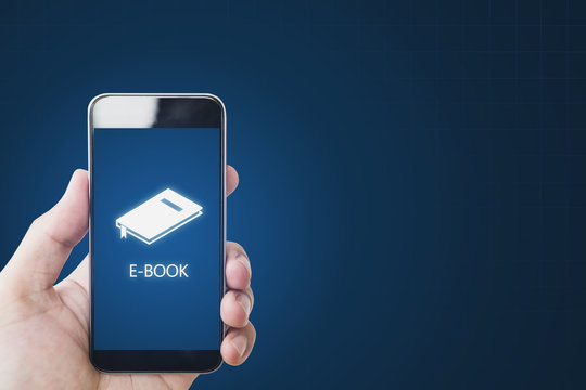 E-book on on mobile smart phone, hand using e-book on mobile device. Online education, e-learning and e-book concept