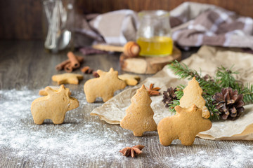 Cookies sprinkled with powdered sugar. Traditional Christmas cookies with powdered sugar in the form of holiday symbol