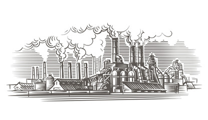 Industrial landscape engraving style illustration. Vector, isolated, layered.  © yuromanovich