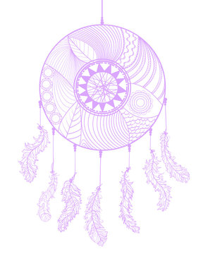 Dreamcatcher on isolated background. Hand drawn mystic symbol. Zentangle. Zen art. Design for spiritual relaxation for adults. Line art creation. Print for polygraphy, flyers, t-shirts and textiles
