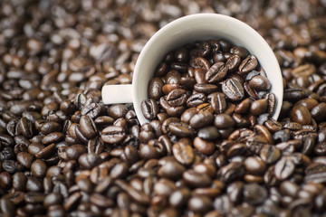 Roasted coffee beans with white coffee cup