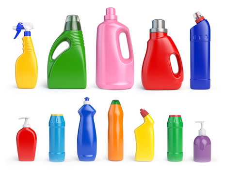 Set of detergent bottles and containers, cleaning and washing supplies,