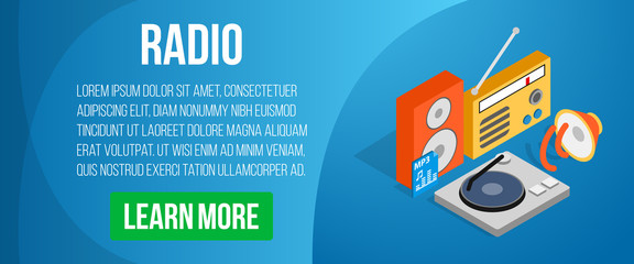 Radio concept banner. Isometric banner of radio vector concept for web, giftcard and postcard