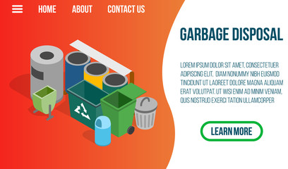 Garbage disposal concept banner. Isometric banner of garbage disposal vector concept for web, giftcard and postcard