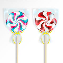 Two round striped lollipops packed in transparent cellophane bags or packs with a decorative yellow ribbons. Realistic 3D Vector illustration isolated on white background.