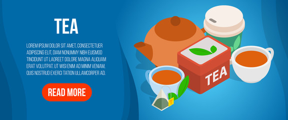 Tea concept banner. Isometric banner of tea vector concept for web, giftcard and postcard