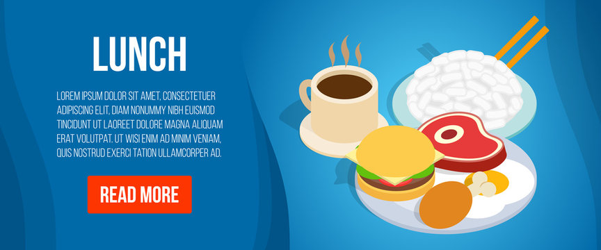 Lunch concept banner. Isometric banner of lunch vector concept for web, giftcard and postcard