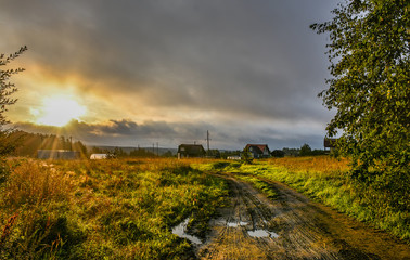 Early autumn Sunny morning after rain. Russia, Leningrad region.