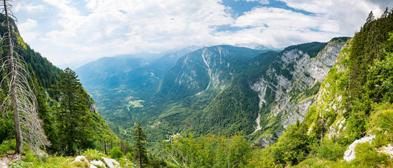 Naklejka na ściany i meble Slovenia mountains, Julian alps. Look and view of big mountains in Triglav national park. Tourist path and hiking