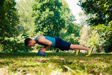 Bodybuilder working out with kettlebell