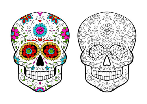 set of sugar skulls coloring page