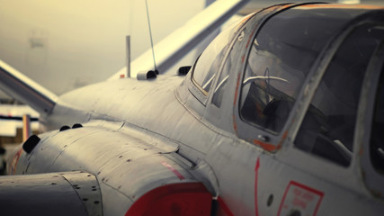 Fototapeta na wymiar Cockpit, Fighter plane, detail, aircraft, fuselage, aeronautics, close-up, aviation, metal, wings