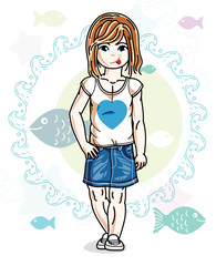 Little redhead girl toddler standing in fashionable casual clothes. Vector kid illustration. Sea fauna theme.