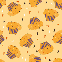 Cupcakes pattern illustration. Seamless print with pastry set. Vector bakery background
