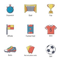 Football world icons set. Cartoon set of 9 football world vector icons for web isolated on white background