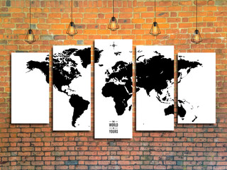 world map with Edison lamps on a brick wall background in loft style design. stock vector illustration eps10