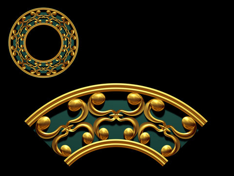 golden ornamental segment, backcloth", round version, ninety degree angle, for corner or circle, 3d Illustration, separated on black