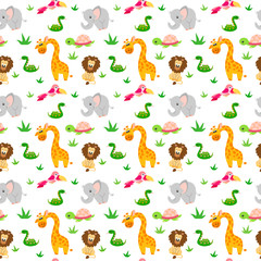 Seamless pattern with drawings of animals, children's theme with wild animals.